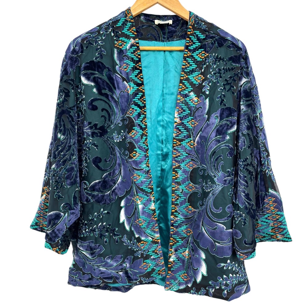 Sundance Women Velvet Burnout Kimono Jacket Damask Embroidered Teal Purple Small